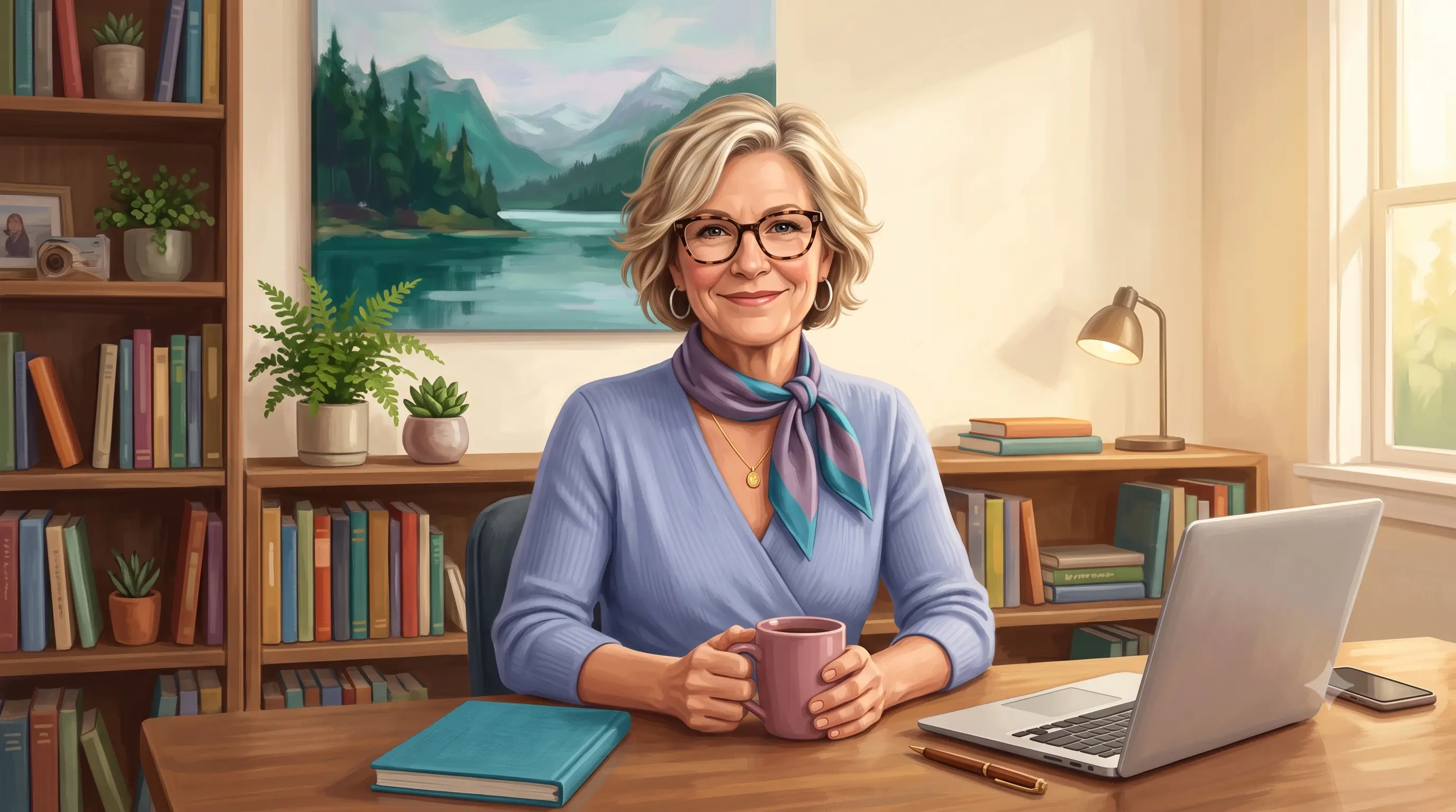 Business strategist sits at her desk holding a warm mug, smiling at the camera, with bookshelves and a mountain landscape painting behind her.
