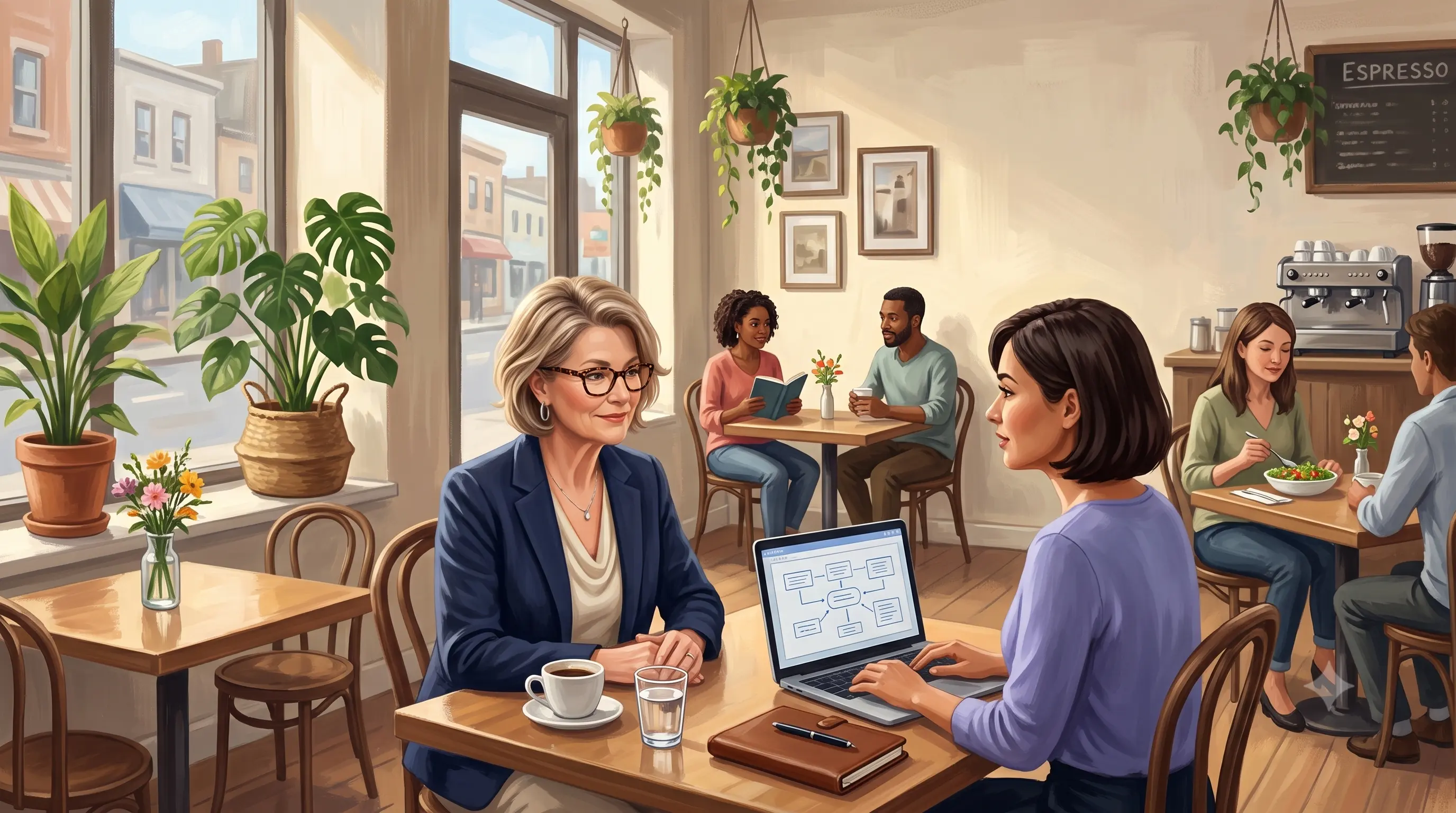 Business strategist in a navy blazer sits across from a client at a sunlit café table, both reviewing a workflow diagram on a laptop screen.