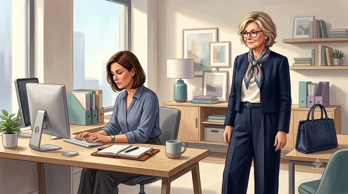 A small business owner stands back calmly as her team works, delegating without losing control of the outcome.