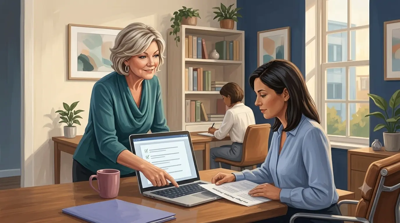 A business owner points to a checklist on a laptop while a colleague reviews paperwork at a shared desk.
