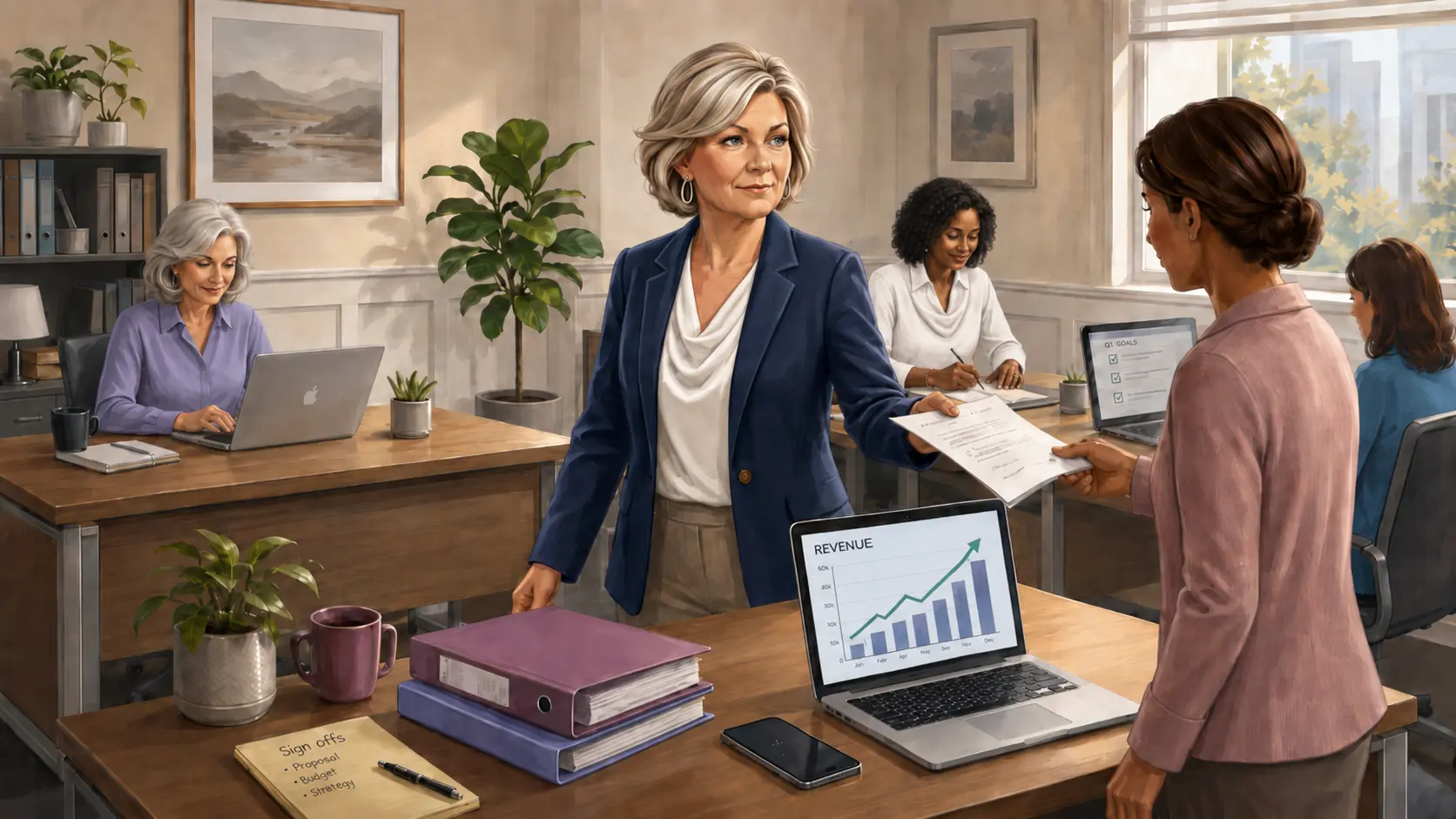 A capable business owner stands at the center of a busy small office where every decision still routes back to her.